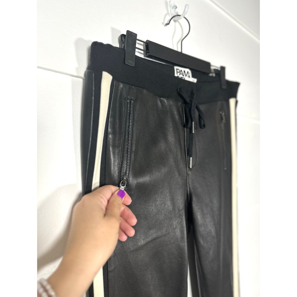 Pam & Gela Lambskin Track pants women's M leather stripe moto luxury $795 skinny - Picture 9 of 12